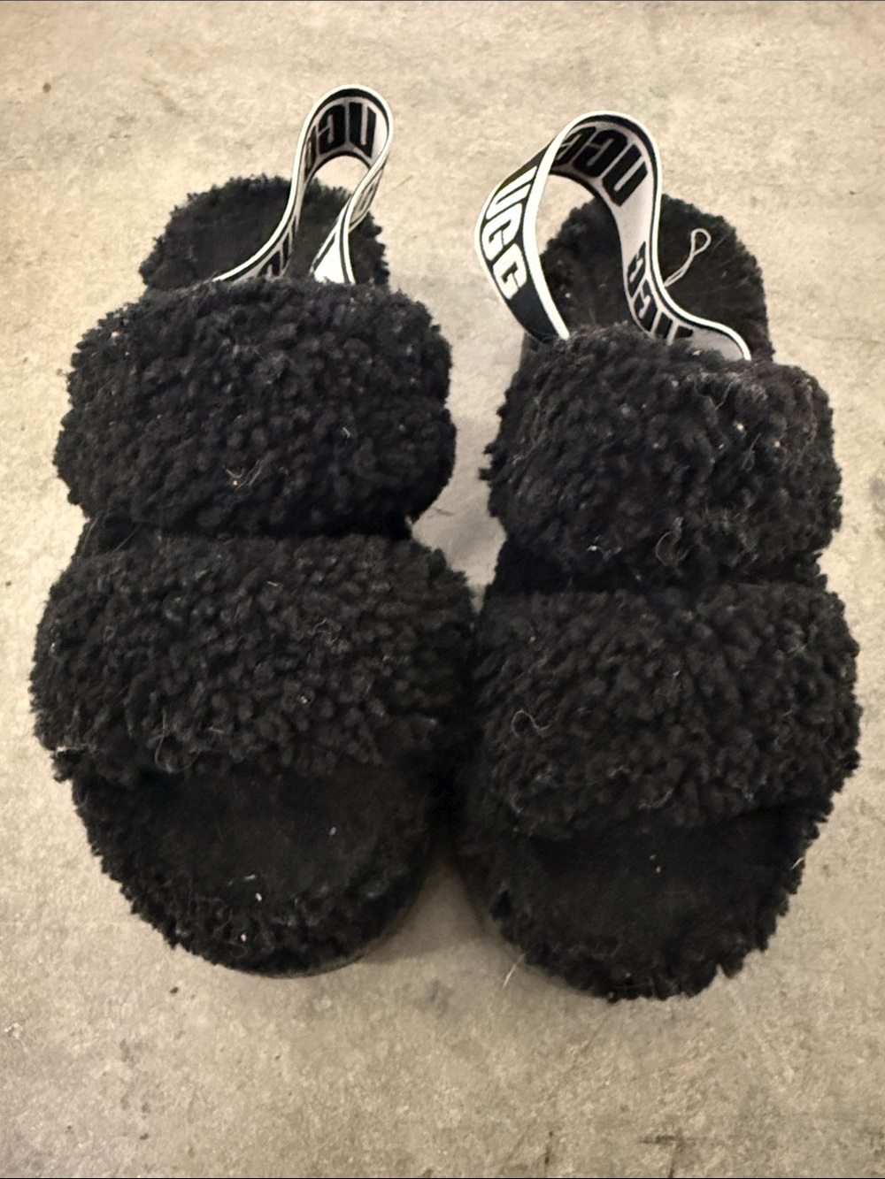 UGG Black Faux-Shearling Double Strap Slide Sandals with Branded Sling